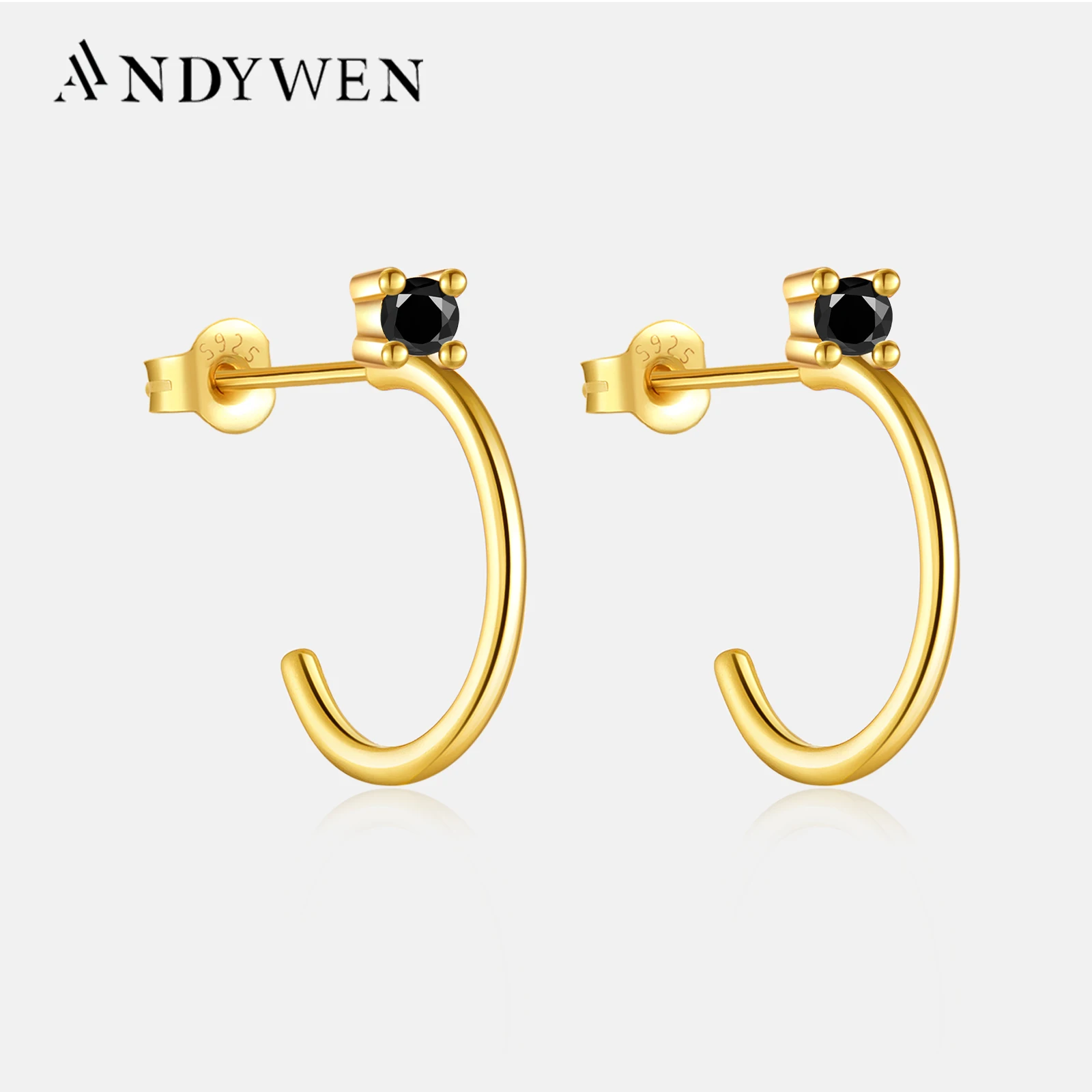 

ANDYWEN 925 Sterling Silver Gold Clear Black Slim 7.8mm Huggies Hoop Small Tiny Rock Punk Jewelry Gift Wedding Jewels