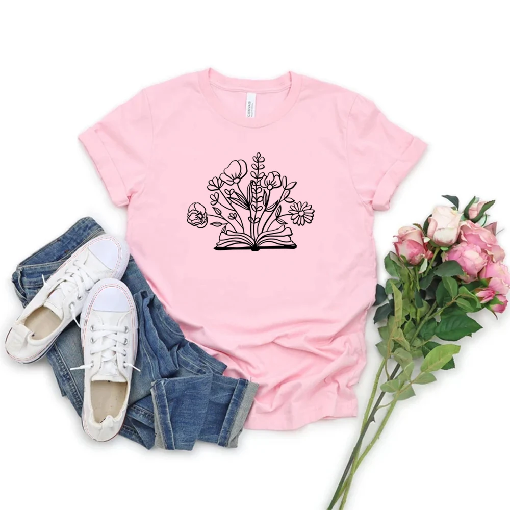 T-shirt manches courtes pour amoureux de livres floraux, décontracté, cadeau pour enseignant, pour femmes