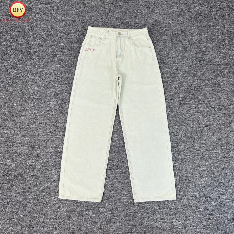 

Fashion White Derschutze Denim Trousers Cartoon Embroidery Fashionable Men's & Women's Relaxed Fit Casual Straight Leg Trousers