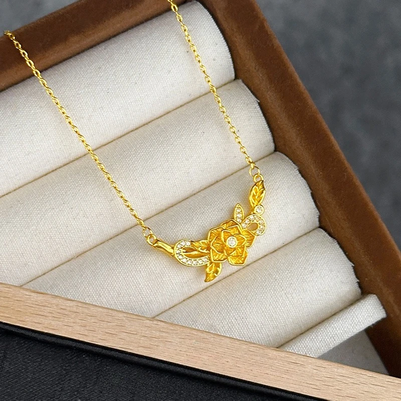 Fashion Rose Flower Zircon Necklace for Women 18 K Gold Color Chain for Women Bride Wedding Engagement Anniversary Jewelry Gifts
