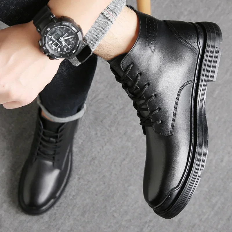 Taktyczne botki męskie Outdoor skórzane zimowe futrzane ciepłe buty męskie Us buty myśliwskie dla mężczyzn buty Casual Blackt65