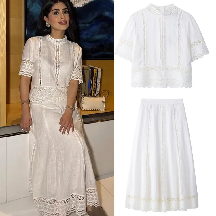 Set atasan dan rok wanita 2 potong, bordir elegan musim semi/gugur, model hollow out, kerah tinggi, lengan pendek, rok rajutan