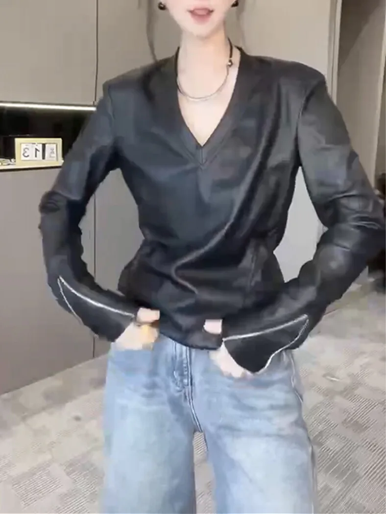 Primavera 2024 faionable fino ajuste bla couro de cordeiro jaet v-ne casaco feminino n pele longa sve comprimento regular eepskin