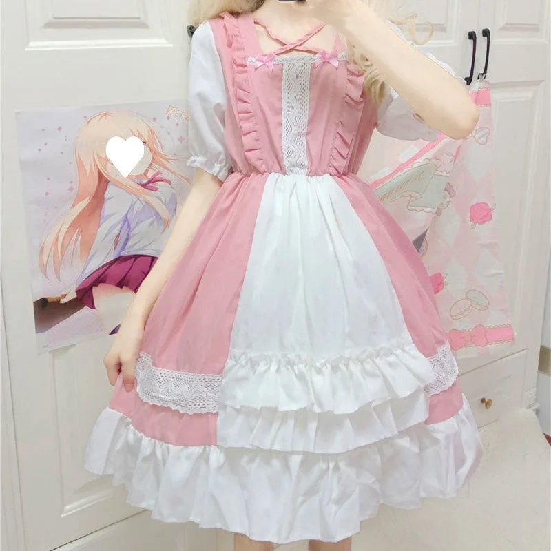 Japan Victorian Style Lolita Dresse Women Off Shoulder Chiffon Shirts Sweet Pink Strawberry Strap Dress Girls Gothic Cosplay