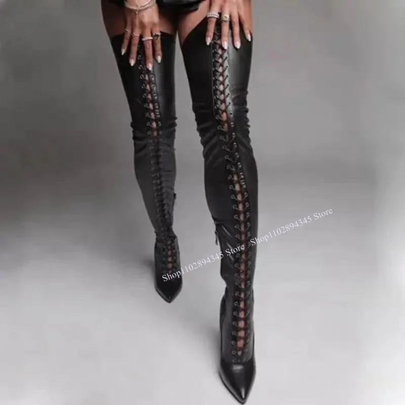 Bottes élastiques noires au-dessus du genou pour femmes, chaussures Parker pointues, talon haut fin, à la mode, cool, sexy, chaussures d'hiver occidentales