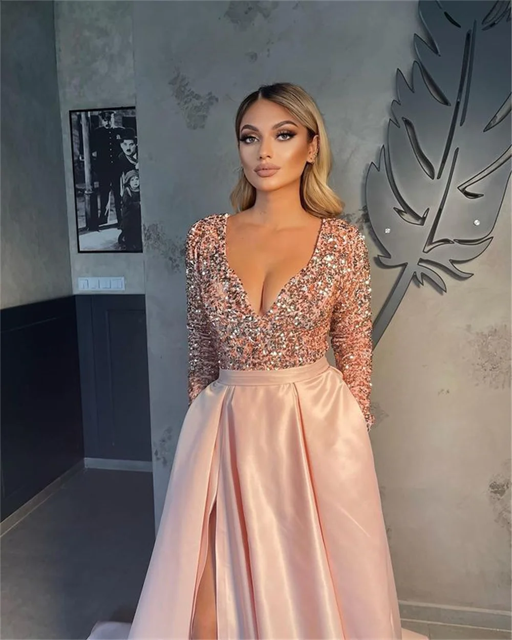 Amanda Glitter Heart Shaped Neck Satin Prom Dress Side Split  فساتين مناسبة حسب الطلب  A-line Floor-length vestidos de festa