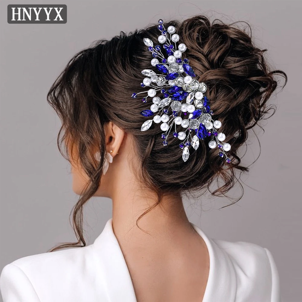HNYYX Pente de Cabelo Prateado para Noiva, Tiara de Casamento com Strass Azul, Acessório de Cabelo Feminino com Pérolas Brancas A286