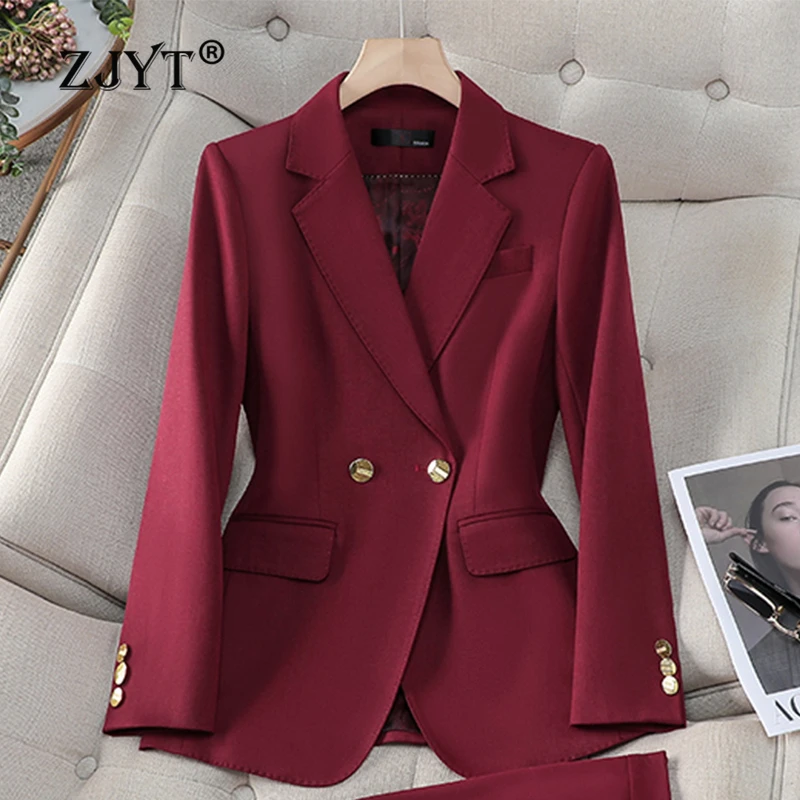 ZJYT Elegant Business Office Blazers for Women Spring Long Sleeve Plus Size Jacket Pants 2 Piece Sets Office Lady Veste Femme