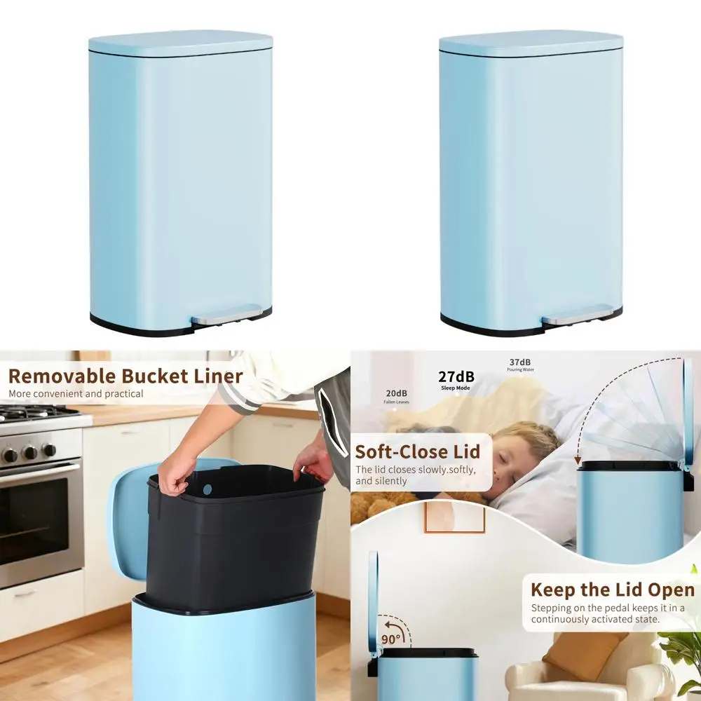 

Foot-Pedal Stainless Steel Trash Can with Removable Bucket, 13 Gallon Capacity, Blue for Home Kitchen Use