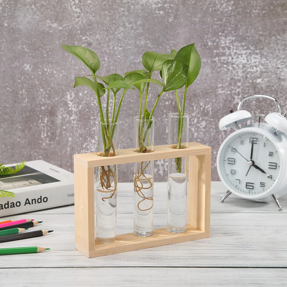 Creative Transparent Vase Glass Wooden Frames Hydroponic Flower Pot Bonsai Delicate Decor for Household Living Rooms Office