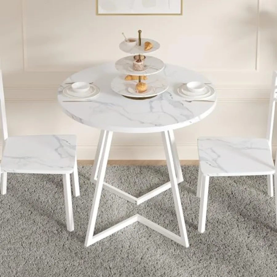 VECELO Round Dining Room Table with Wood Grain Tabletop and Steel Frame for Kitchen Living Room Office Conference 2 to 4 Person