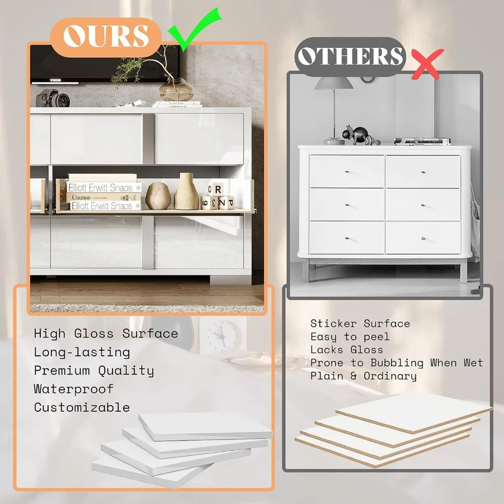 54" W High Gloss 6 Drawers Dressers with Silver Grooved Handles, Modern Storage Chest of Drawers with Wide Tabletop, White