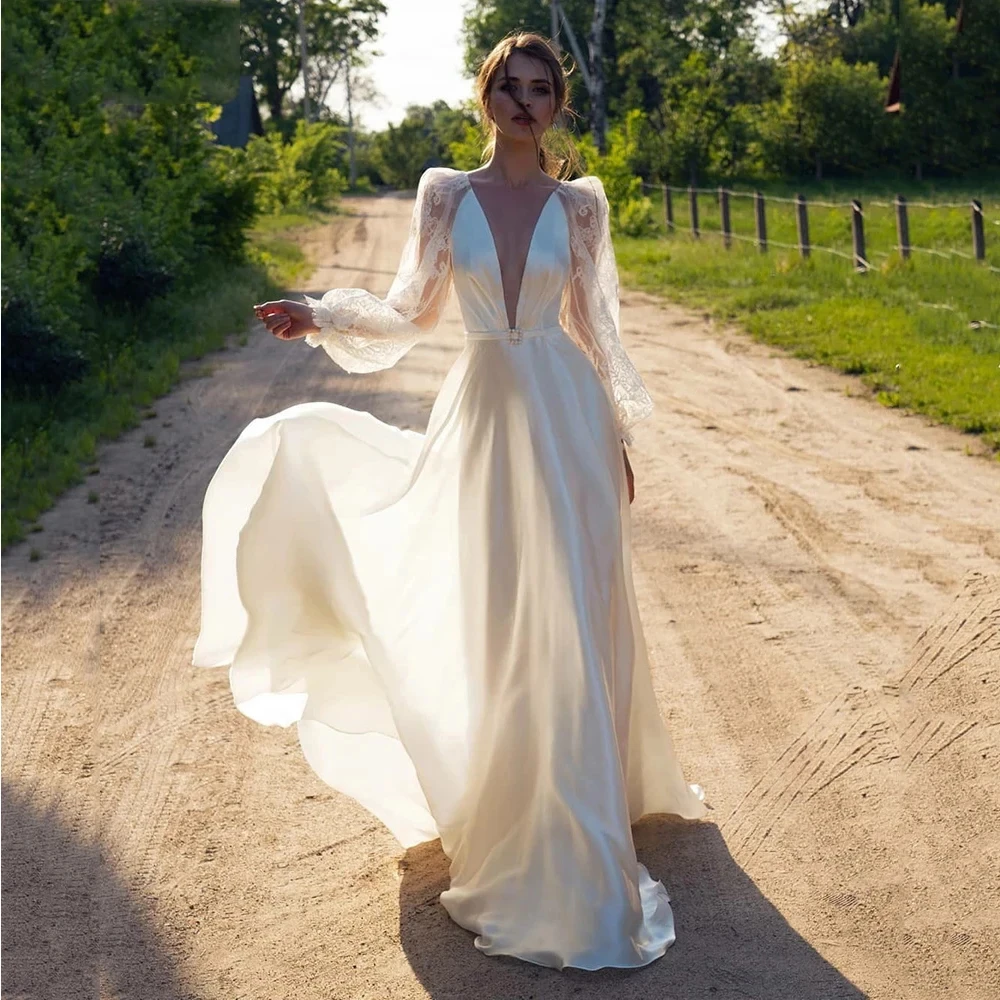 New Deep V Neck Chiffon Beach Wedding Dresses Long Bubble Sleeves Lace Bride Wedding Gowns White Evening Dress vestidos de novia