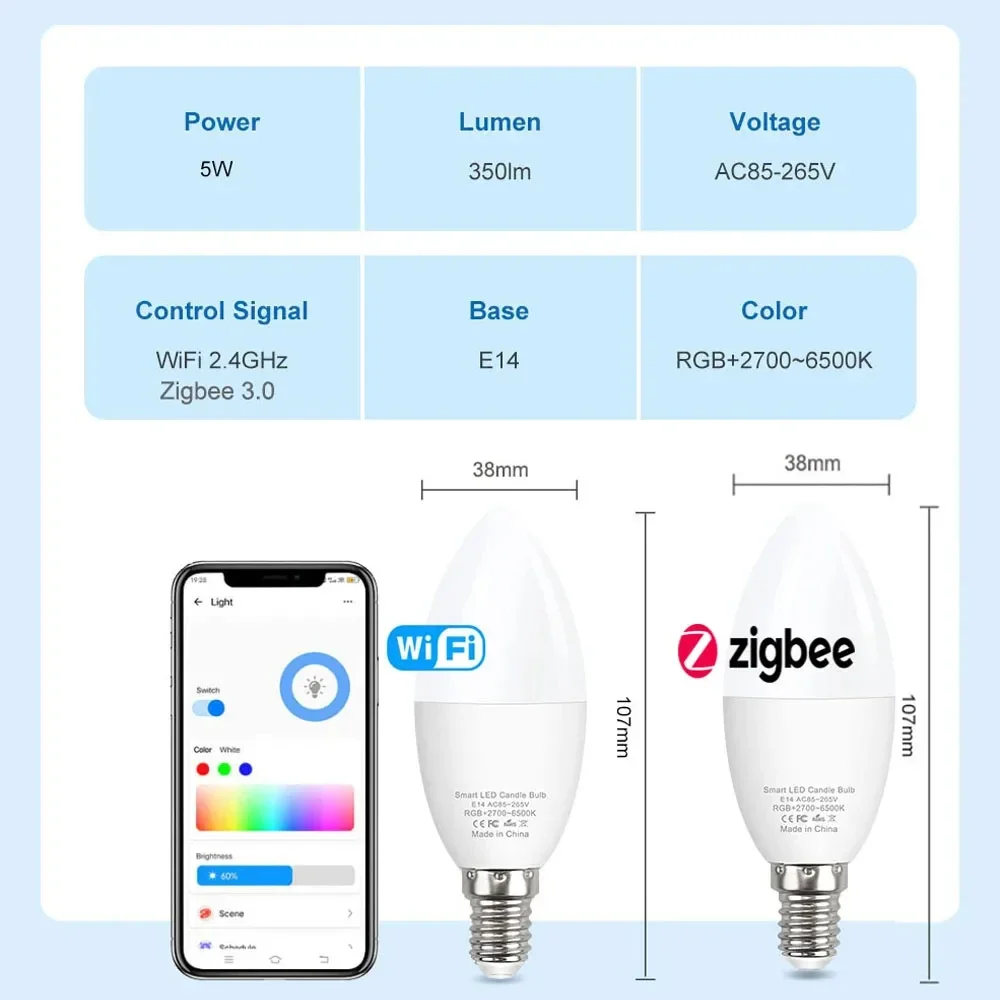 Smart WiFi Zigbee Bulb Light E14 LED Candle Lamp RGB Tuya Lights EWelink APP Voice Control Alexa Google Room Home Decor