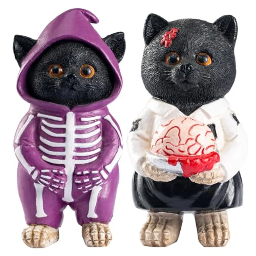 

Halloween Cat Figurines 2 Pcs Cute Skeleton Decorations Black Resin Statue Indoor Tabletop Decor for Home Party