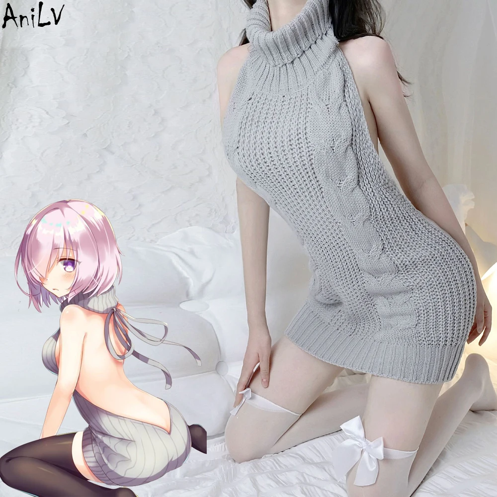 AniLV Japanese Anime Girl Student Gray Backless Turtleneck Sweater Uniform Cosplay Women Short Knitted Dress Pajama Costumes