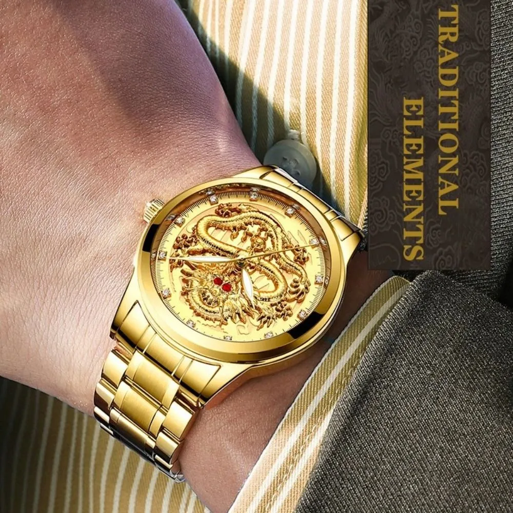 Luxury Stainless Steel Band Men's Watch Gold Color Luminous Quartz Watch Calendar Date Waterproof Dragon Pattern Clock Business