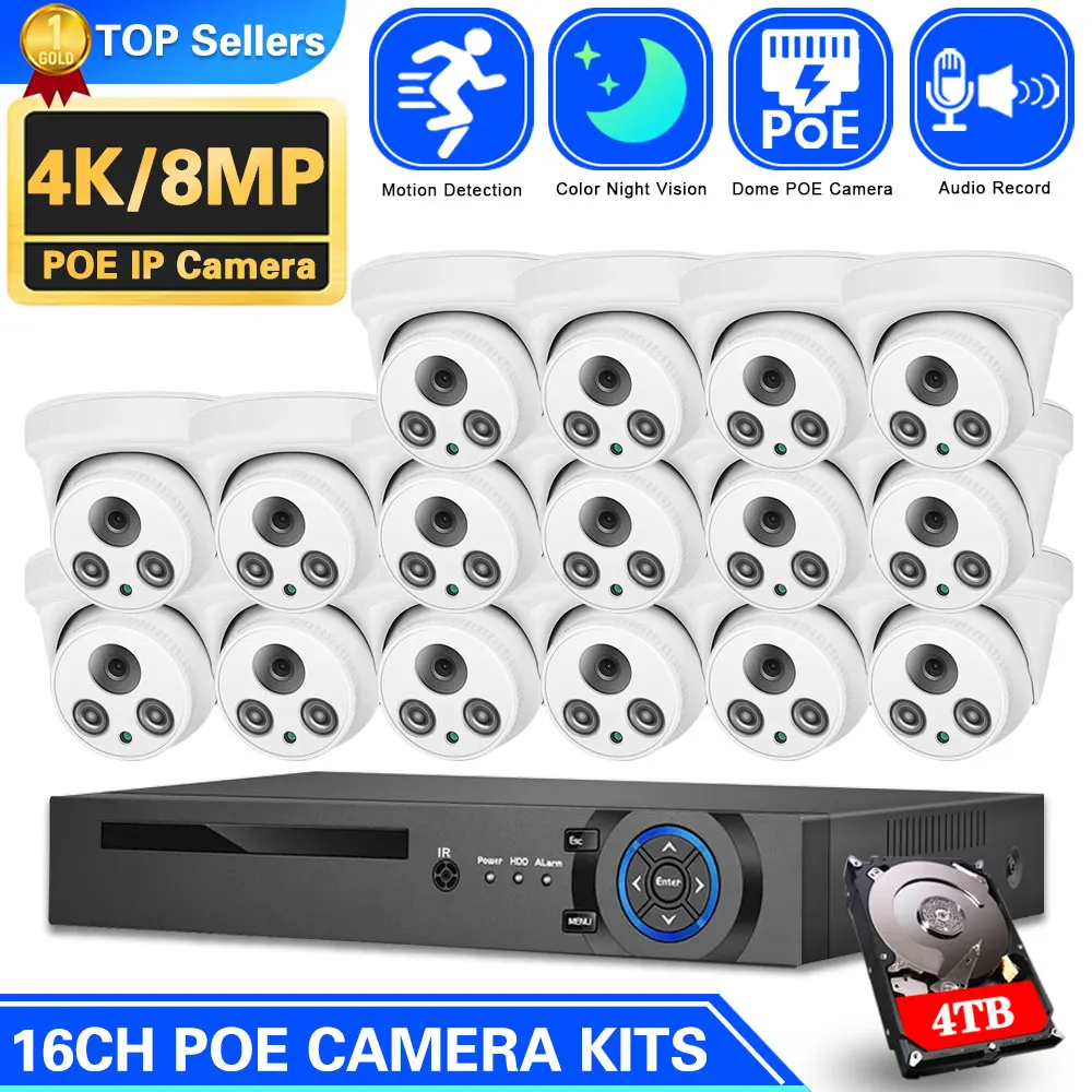 

H.265 16CH 4K NVR Kit 8MP Color Night Vision Dome Security Camera System Audio POE IP Camera Video Surveillance CCTV Camera Set