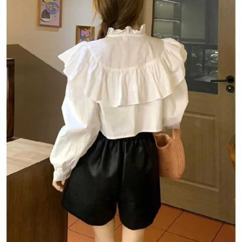 Ruffle Edge Sleeves Lovely Shirts for Lady White Solid Blouse Preppy Students Crop Top Women Streetwear Korean Spring Clothing