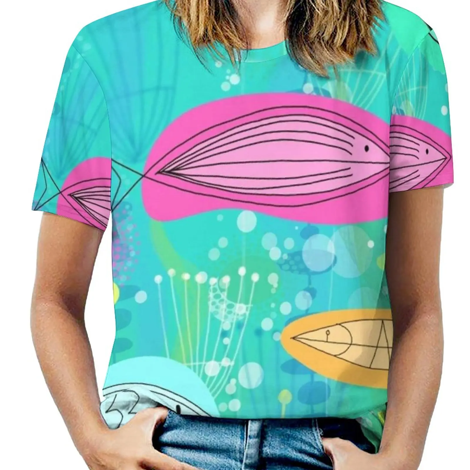 Big Fish Little Fish-Midcentury Lake Fashion Print Women Ladies Girls T-Shirt Harajuku Round Neck Short Sleeve Tops & Tees