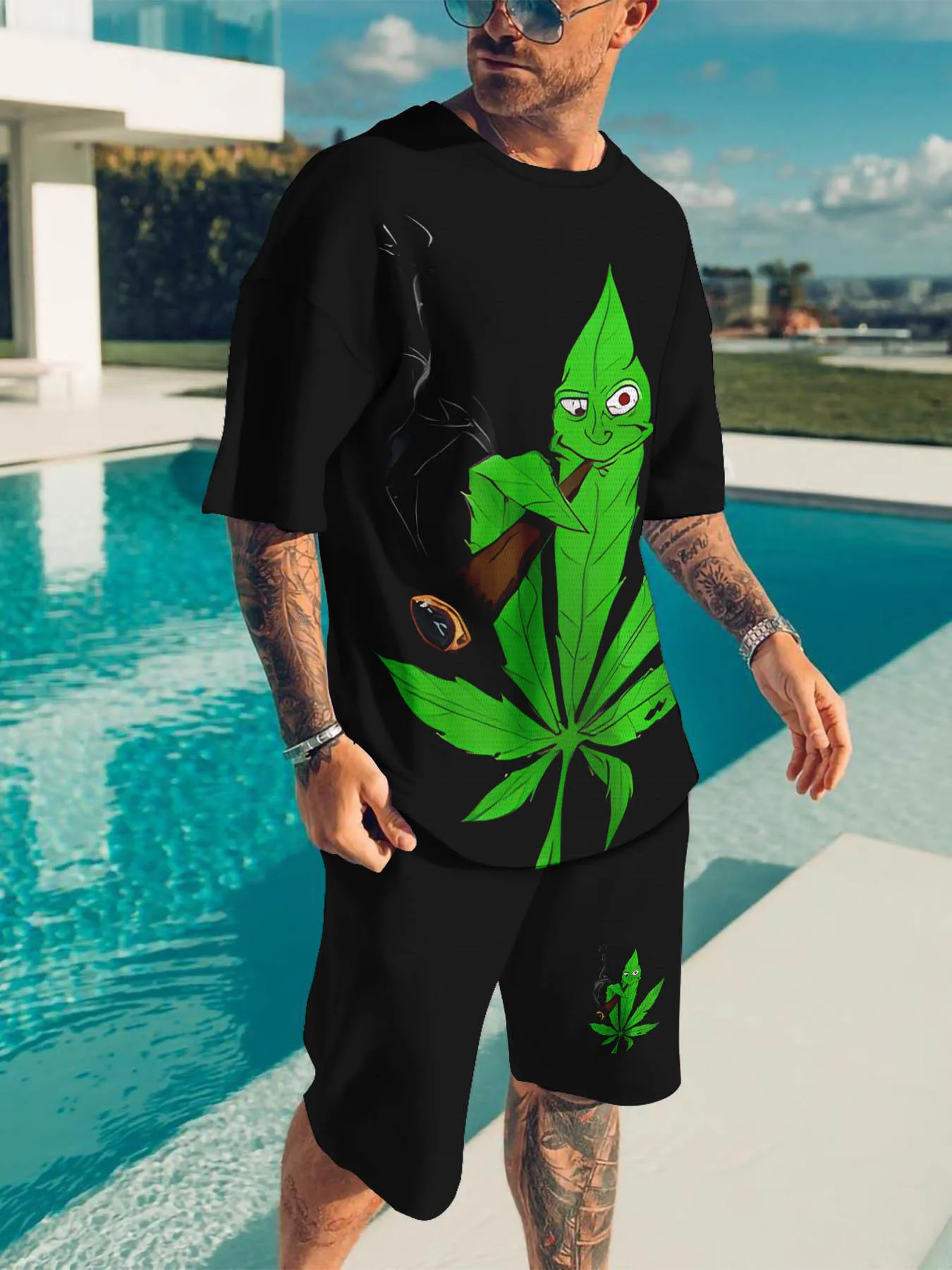 

Casual sports suit breathable outdoor casual men's T-shirt five-point pants suit summer 3D printing suit male adult