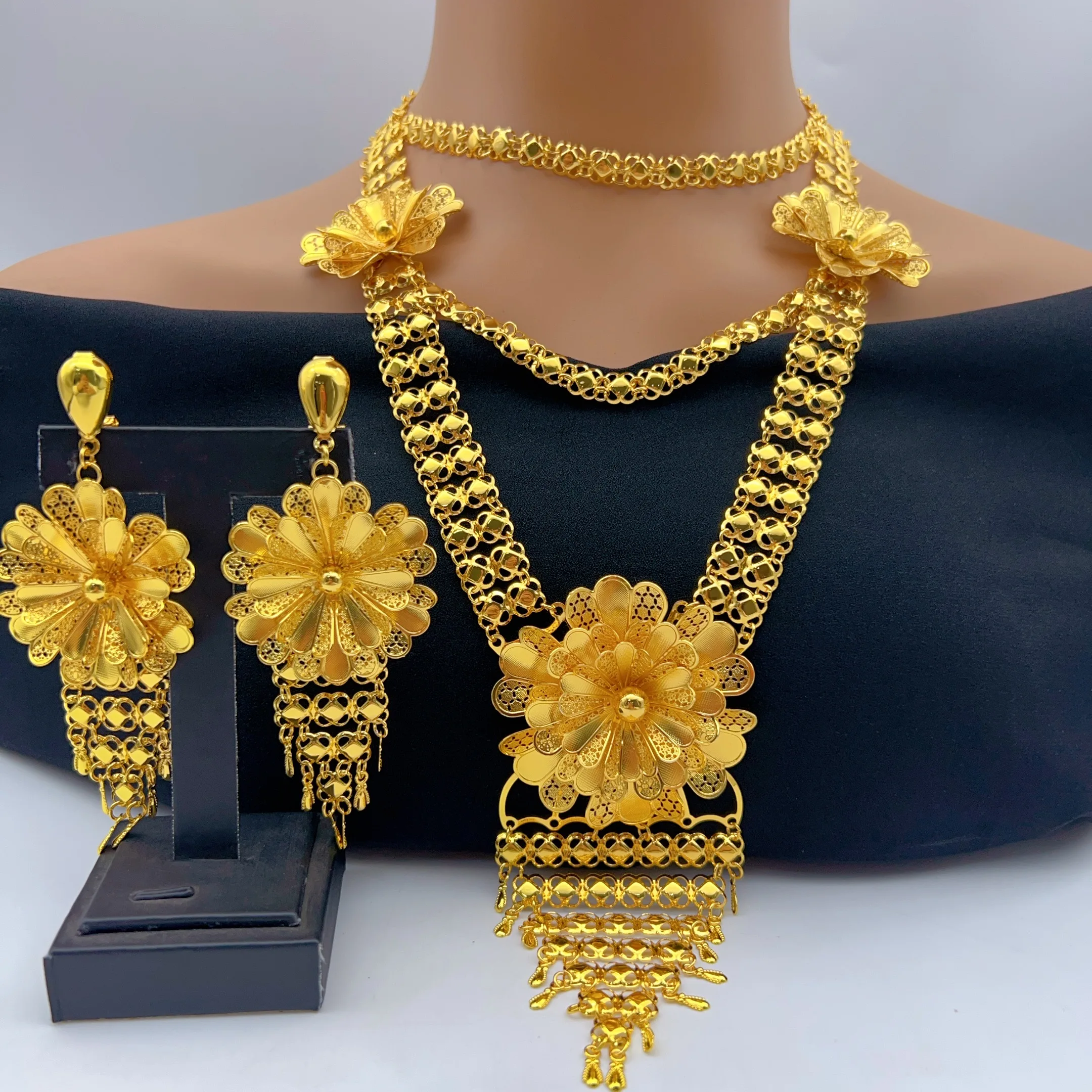 Nigerian 24k Gold Plated Jewelry Set For Women Long Flower Necklace Earrings Jewellery Dubai Brazilian African Bridal Sets