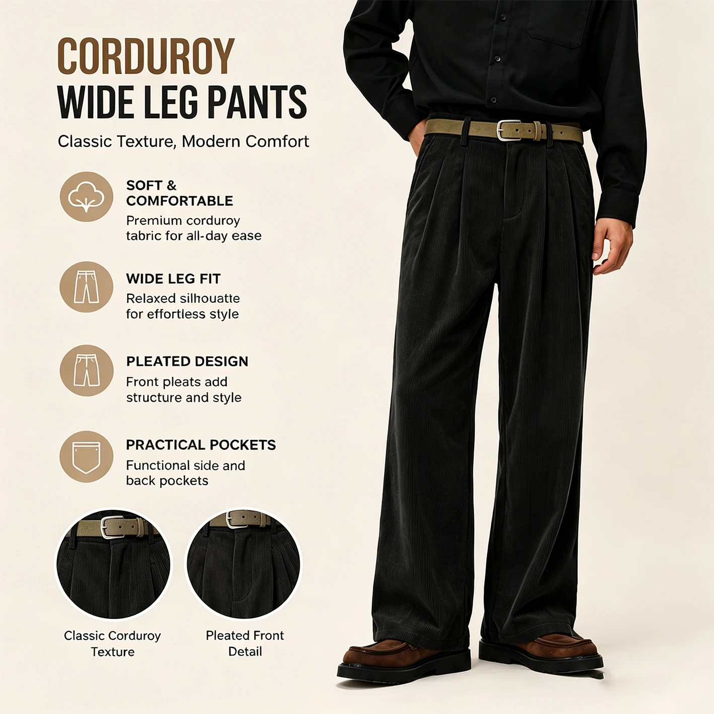 2026 Autumn Winter Men Corduroy Suit Pants Vintage Pleated Wide Leg Trousers Casual Formal Dress Pants For Men