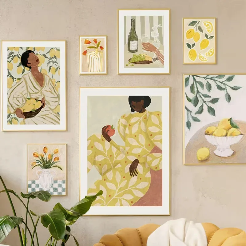 Large-sized Retro Pajama Girl Lemon Flowers Vase Abstract Gallery Poster And Prints Wall Art Canvas Painting Pictures For Living