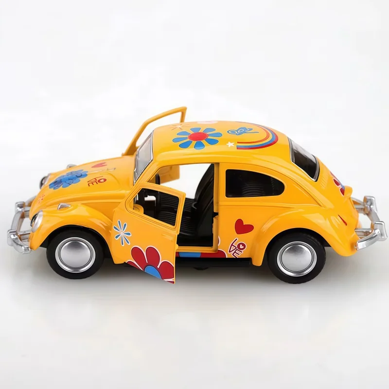 1:36 Scale Retro Beetle Style Alloy Car Model, Can Pull Back Metal Toy Car, Can Open Car Door, colorful Flower Decoration mini C view 5