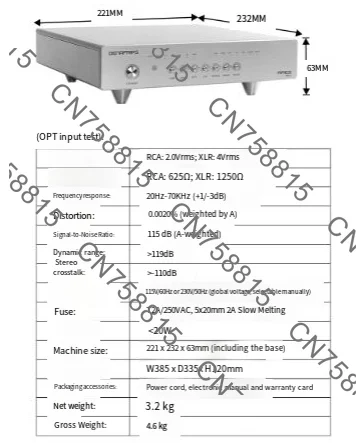 Coaxial x1 OPT x 1, I2S x 1，USB2.0 B, Digital Signal Processing Through FPGA，15TH DAC R2R + Architettura DSD