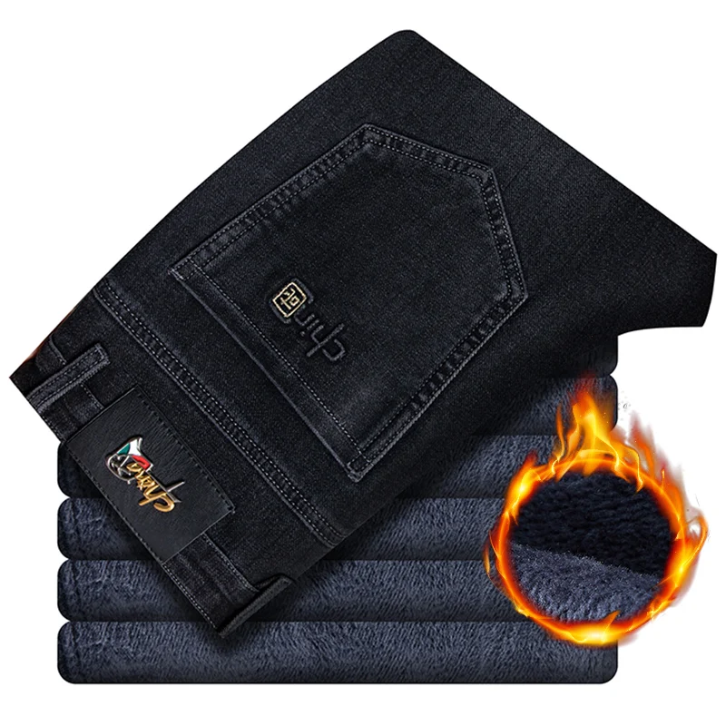 Winter Männlichen Gerade Stretch Fleece Jeans Gedruckt Warme Samt Hosen Business Casual Dicken Plüsch Denim Mode Marke Hosen