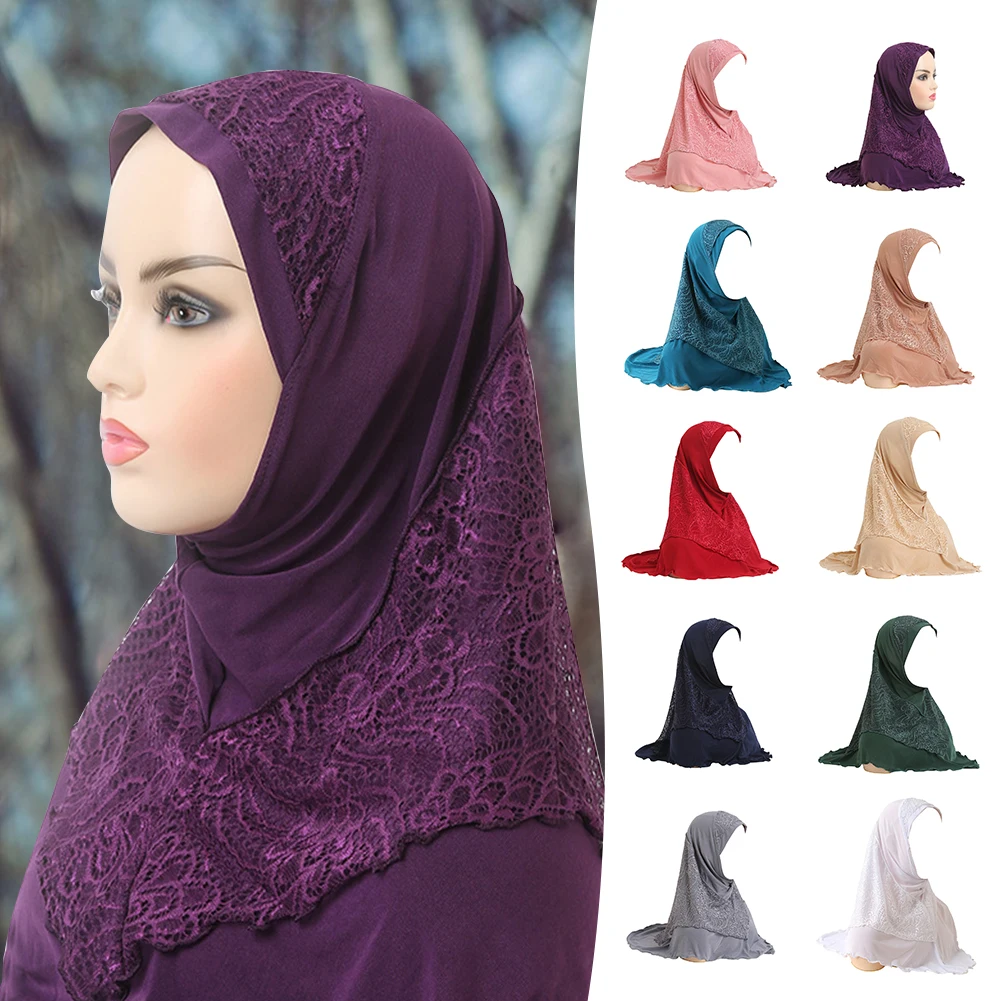 Simple Muslims Hijab Cap Lace Stitching Tulle Lightweight Scarf Shawl For Women Girls One Piece Lace Head Wrap Comfy Headwear