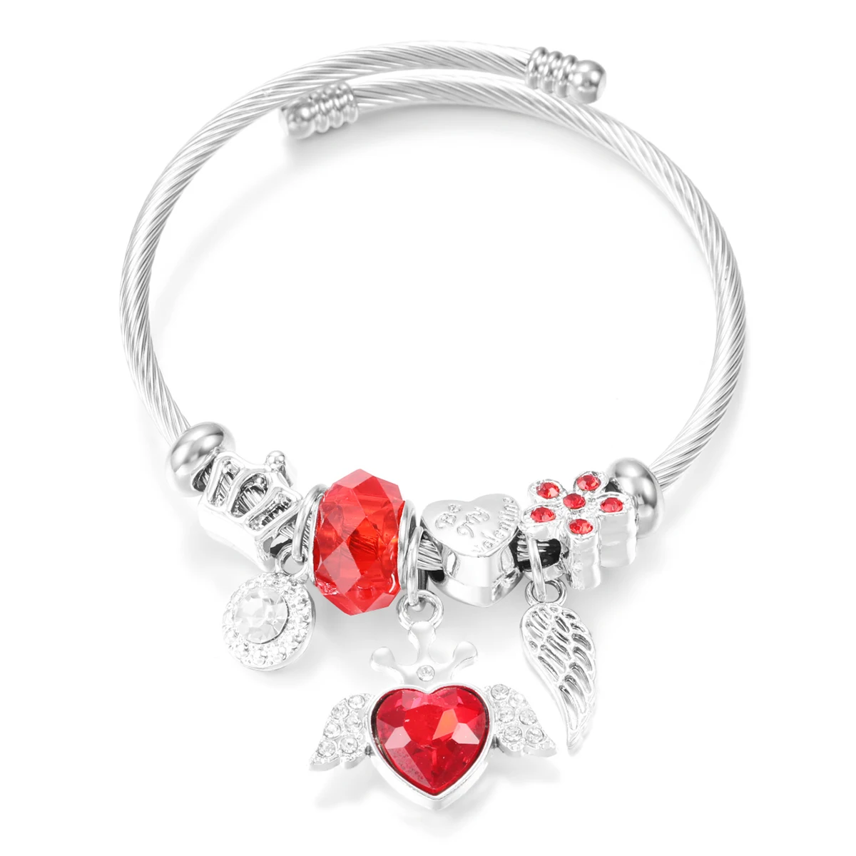 Trendy Heart Shaped Angel Wings Crystal Beaded Pendant Bracelet Stainless Steel 4 Colors Closure Bangles Women Bracelet Jewelry
