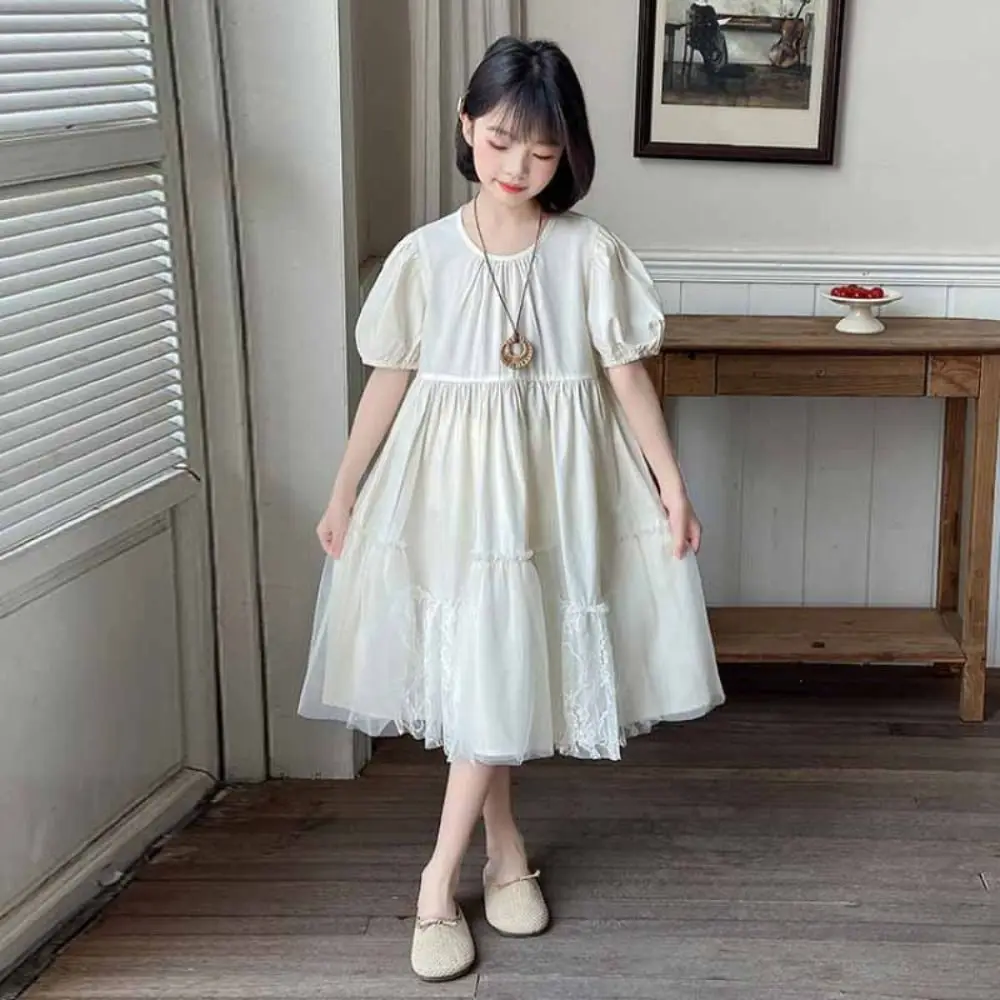 

Sweet Loose Girls Puff Sleeve Dress Pleated Lace Summer Kids Dresses Beach Vacation Party Children Princess Dress Beach