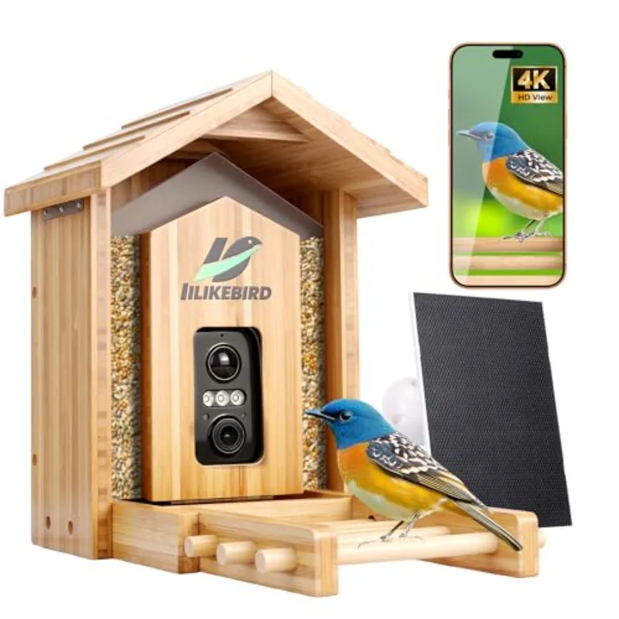 

Outdoor garden bamboo smart bird feeder with 4K camera AI bird identification solar USB-C powered IP65 weatherproof 1.25L capac