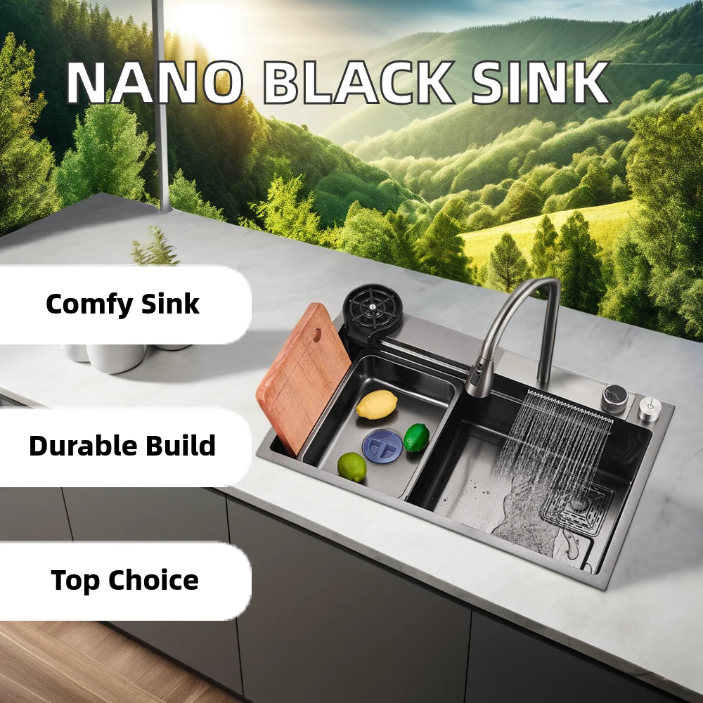 Modern Handmade 304 Stainless Steel Single Bowl Kitchen Sink With Nano Black Waterfall Faucet For Home Use