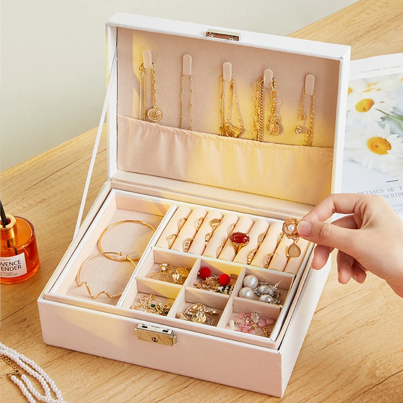 Double-Layer Jewelry Storage Box Large-Capacity Leather Jewelry Storage Box with Different Storage Areas High-End Multi-Layer Jewelry Storage Box for Earrings, Necklaces, and Bracelets