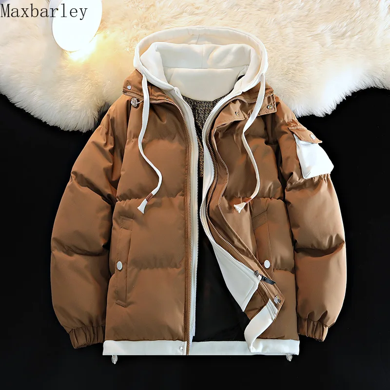 Men's Winter Fake Two-Piece Hooded Jacket Harajuku Thickened Graphene Cold-Proof Filled Cotton Coat Male Casual Loose Warm Parka