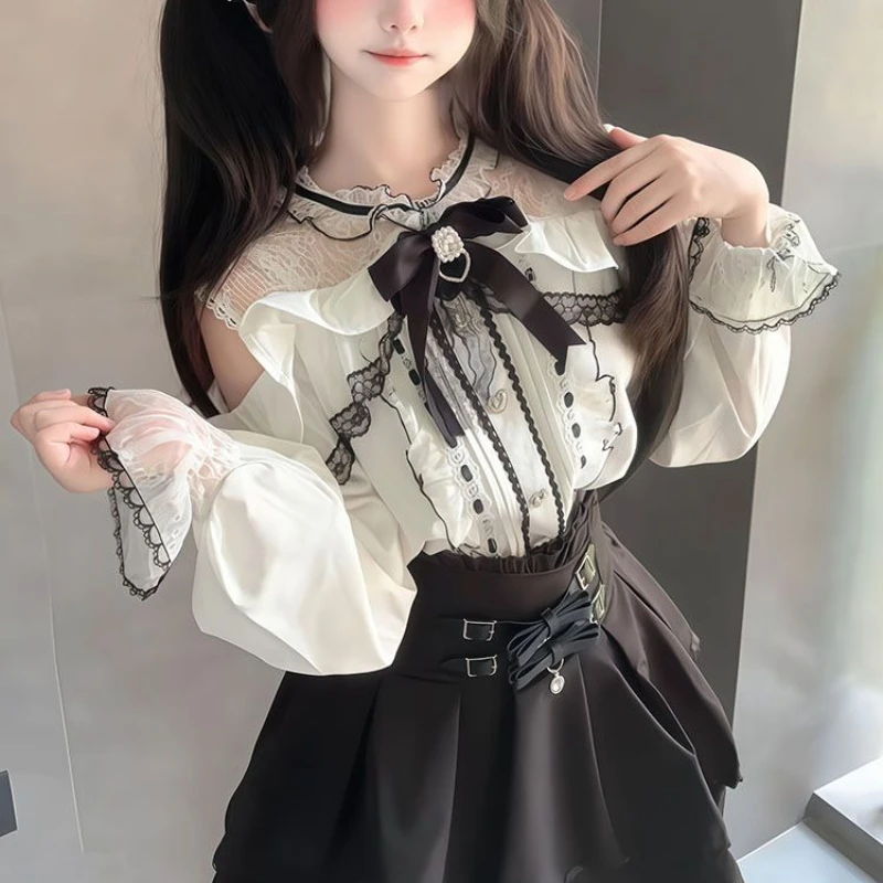일본 고딕 Y2K 로리타 스타일 세트 여성용 달콤한 레이스 오프숄더 러플 긴팔 리본 셔츠 하이웨이스트 슬림 미니스커트 슈트