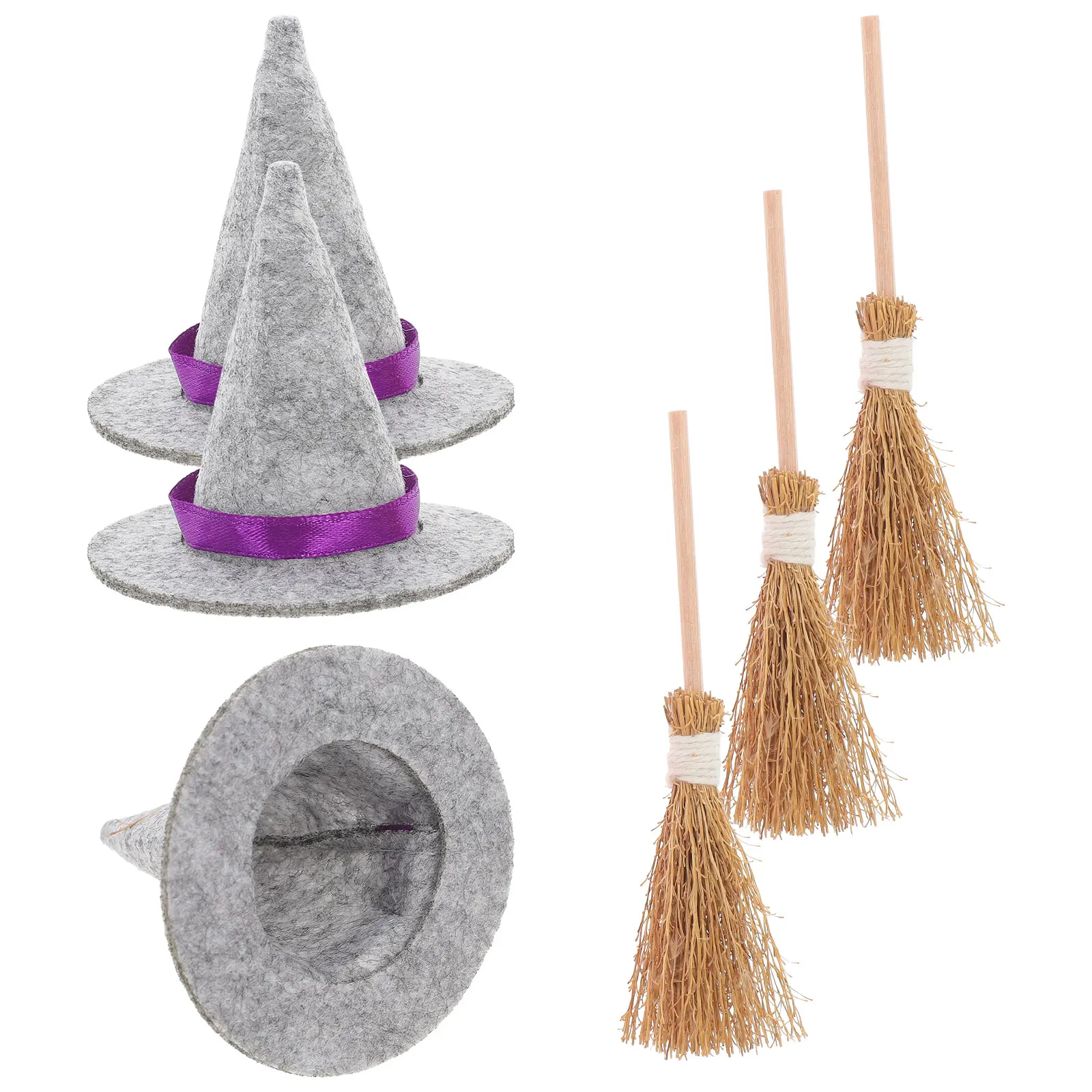 

3Set Hats Broom Set Miniature Halloween Decoration Felt Wood Grass Material Creative Witch Decor for Crafts