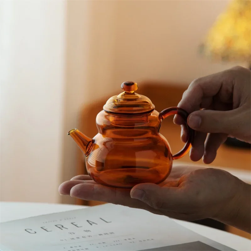 220ML Amber Color Gourd Shape Small Glass Teapot, Household Brewing Flower Puer Green Tea Pot Kung Fu Tea Set 5