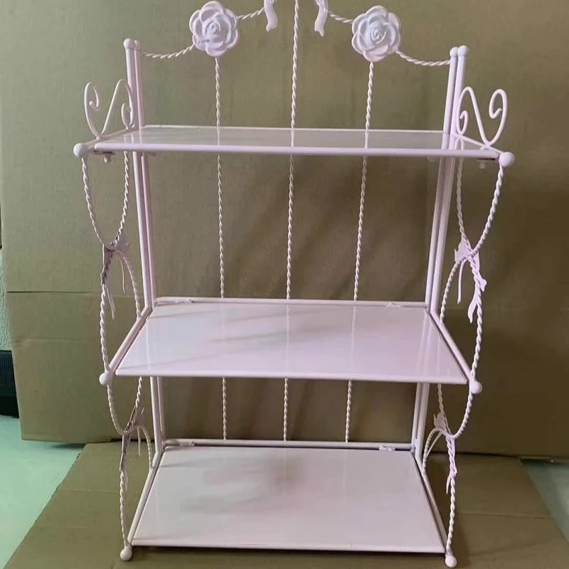 Pink Iron Desktop Organizer Multi-Tiered Cosmetic Storage Shelf Freestanding Display Rack for Bedroom Spacious Metal Bookshelf view 4