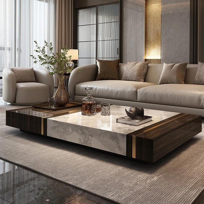 

@#Modern Oriental Style Natural Luxury No Assembly Required Wood Legs Marble Stone Coffee Table BTCT001 for Living Room