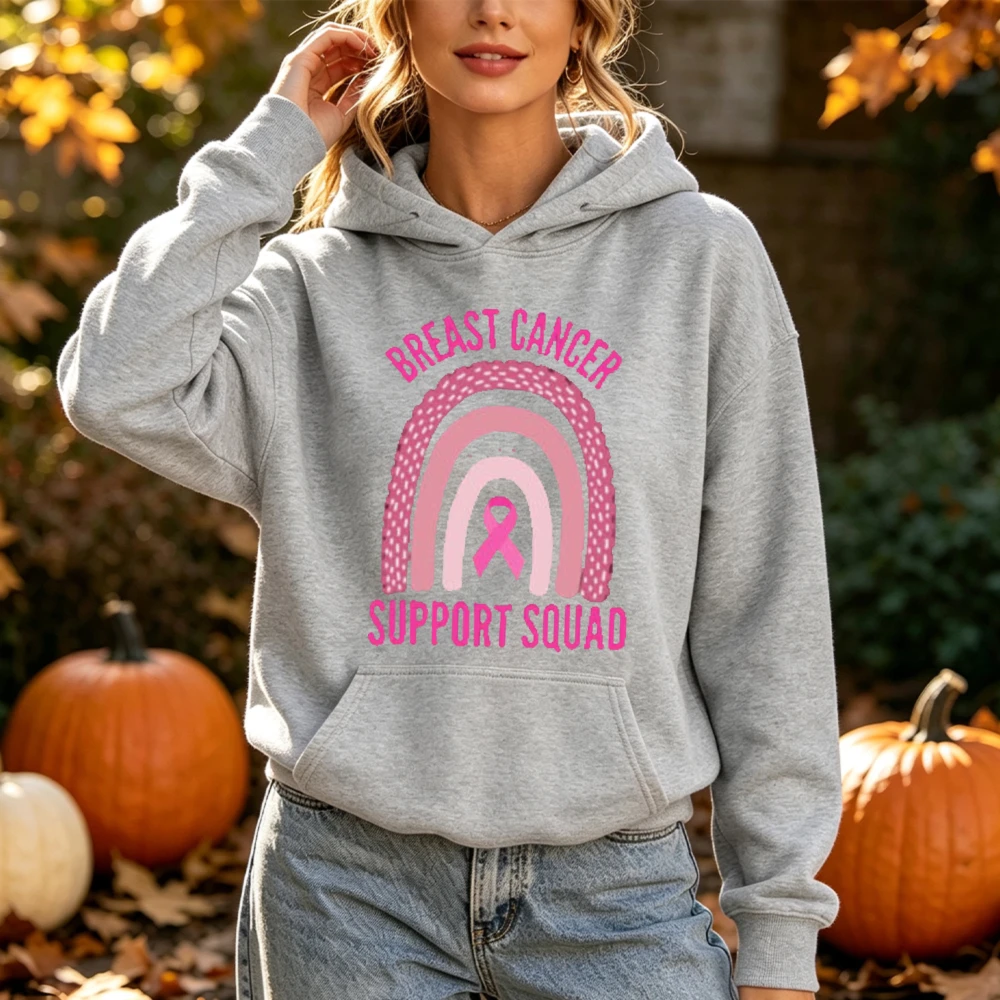 Breast Cancer Support Squad Hoodie Women Rainbow Pink Ribbon Graphic Cozy Warm Long Sleeve Fall Pullover Winter Clothes Women