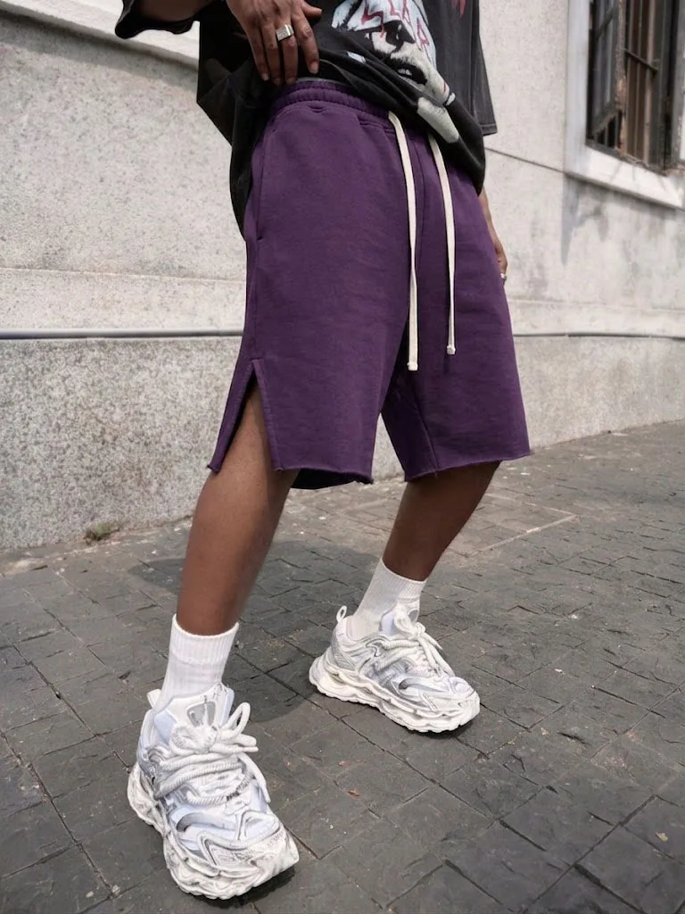 Wang Studio American Dark Style Frayed Drawstring Side Split Wide Leg Sports Mid-Pants Loose Sweatpants Casual Shorts