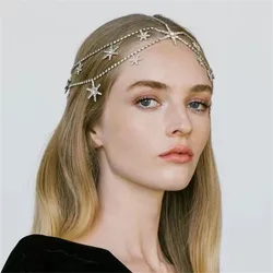 Bridal Rhinestone Hexagram Star Pendant Tassel Forehead Hair Chain Headband for Women Crystal Multilayer Head Chain Headpiece