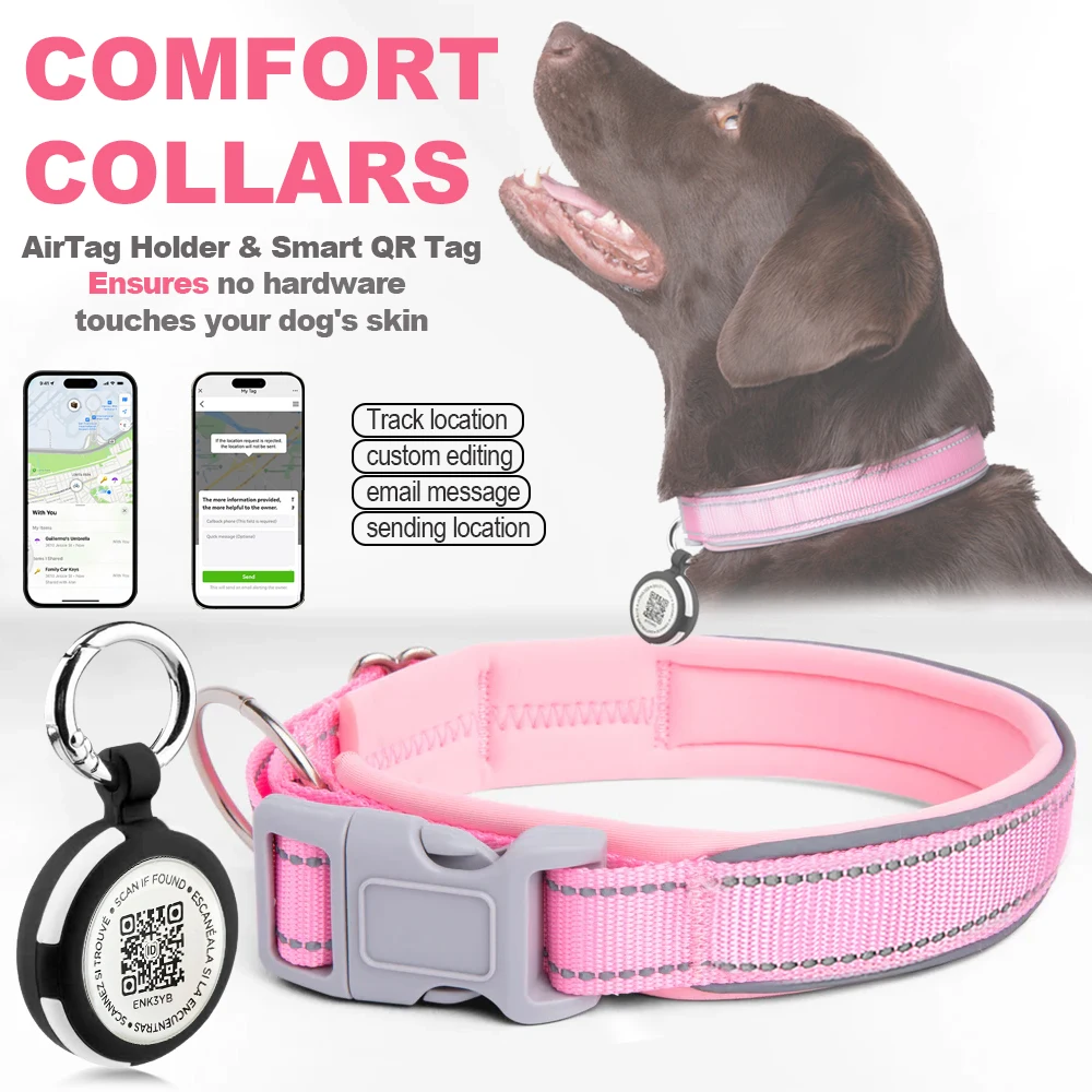 

Pet Collar + AirTags Holder with QR Code ID Tag Personalized Dog Tag Anti-Lost Reflective Dog Collar Dogs Accessories