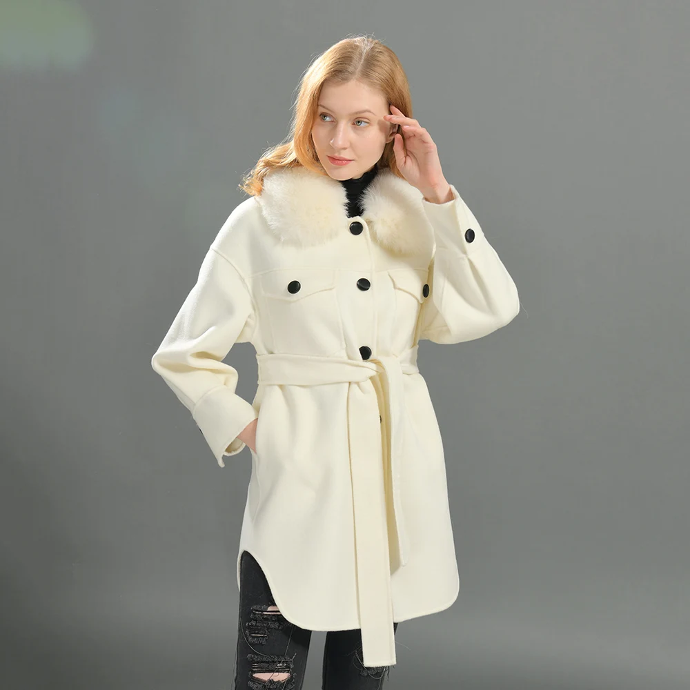 

Luxyonuo Winter Cashmere Coat for Women Fashion Long Full Sleeves Suit Coat with Real Fox Fur Collar Belt Slim Outwear 2022 New