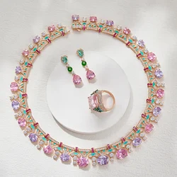 Designer Collection Style Ring Earrings Necklace Women Lady Inlay Pink Round Cubic Zircon Enamel Dinner Party Jewelry Sets