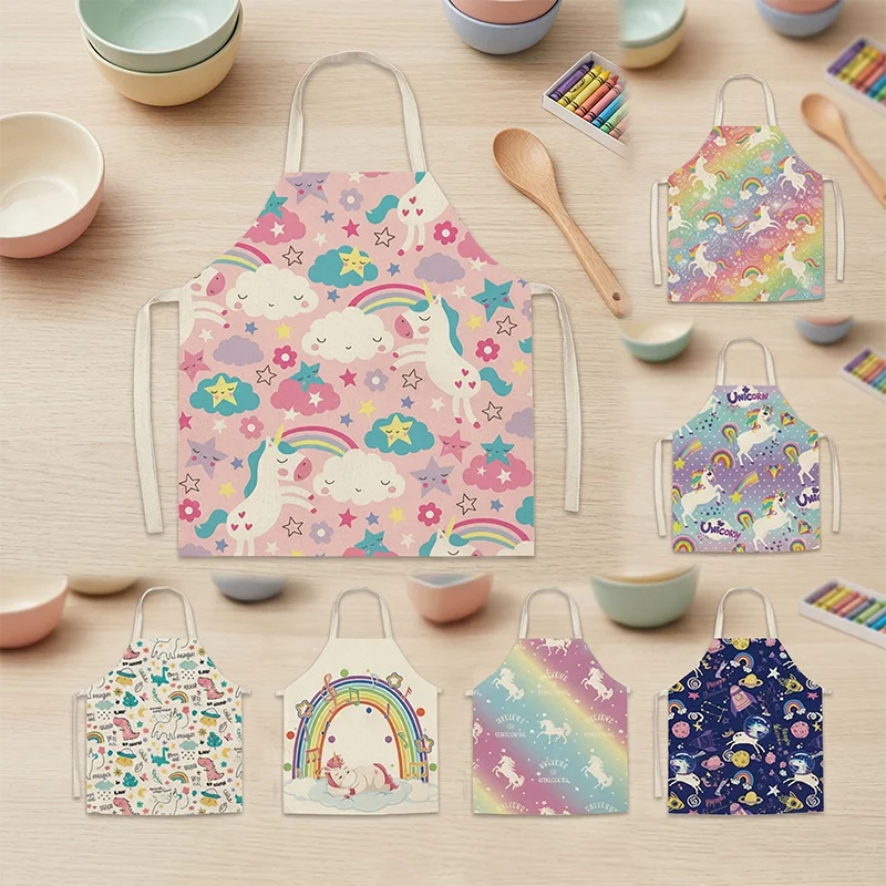 

Cute Unicorn Rainbow Print Apron Cotton Linen Women Kids Kitchen Cooking Baking Pinafore Cafe Barista Workwear Cleaning Bibs
